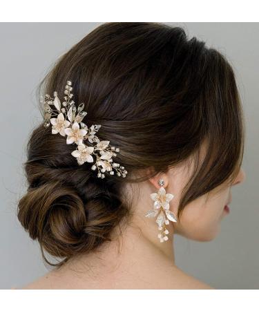 SWEETV Handmade Gold Wedding Hair Comb and Bridal Earrings Set - Elegant Accessories for Brides - Buy Online on GoSupps.com