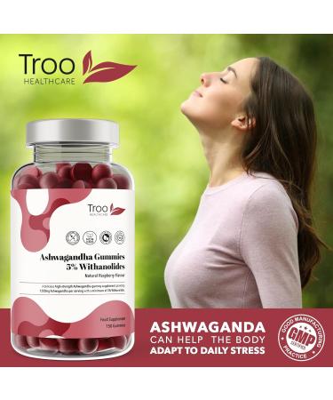1200mg Ashwagandha Gummies - 150 Natural Raspberry Flavour Chewables - Vegan & Gluten-Free Supplement with 5% Withanolides - 2 Months Supply - Buy Online on GoSupps.com