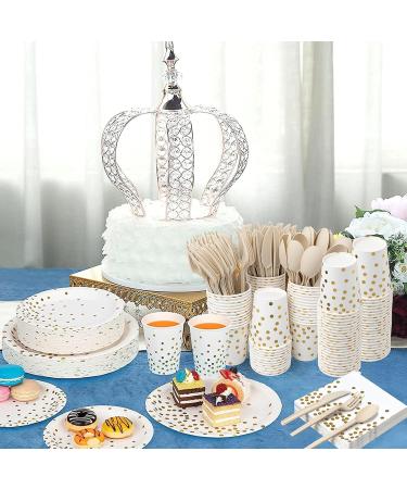 350PCS White and Gold Party Supplies Severs 50 Disposable Party Dinnerware Natural Biodegradable Forks Knives Spoons and Golden Dot Paper Plates White Napkins Cups for Baby Shower Birthday Wedding - Buy Online on GoSupps.com
