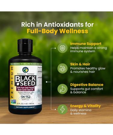 Amazing Herbs Premium Black Seed Oil - Cold Pressed Nigella Sativa Aids in Digestive Health Immune Support Brain Function Joint Mobility Gluten Free Non GMO - 32 Fl Oz (Pack of 2) - Buy Online on GoSupps.com