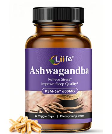 LIIFE KSM-66 Ashwagandha 600mg | with L-Theanine &Black Pepper| Natural Stress Relief Cortisol & Sleep Aid Supplement for Men & Women | Muscle Growth & Mood Relaxation Energy |60 Veggie Capsules