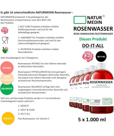 5000 ml NATURMEDIN Edible Rose Water - 100% Natural Cosmetics - Pack of 5 (1L each) for Ultimate Skincare - Buy Online on GoSupps.com