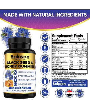 Black Seed Oil & Honey Gummies with 2%+ Thymoquinone | Immune Support & Joint Health | Nigella Sativa Seeds | Antioxidant for Digestion, Hair & Skin | 60 Gummies - Buy Online on GoSupps.com