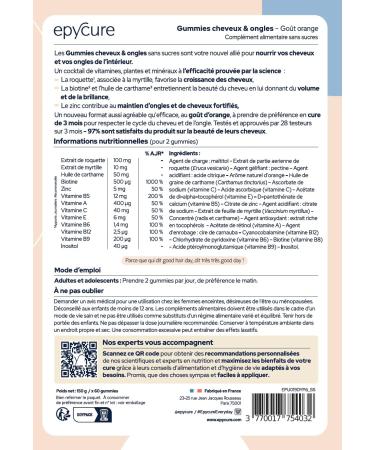 EPYCURE - Sugar Free Hair & Nail Gummies - Stimulates Growth Shine & Resistance - 97% Natural - Vitamins B6 B5 Biotin Safflower Seed - 1 Month - Vegan - Made in France - Buy Online on GoSupps.com