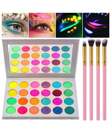 Kalolary eyeshadow palette neon UV Glow Blacklight Matte and Sparkling Eyeshadow Glows in the Dark make-up set 24 colors highly pigmented with 4 pink eyeshadow brush