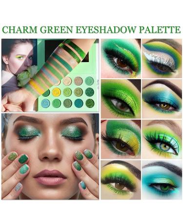 CAHIUYOA Green Eyeshadow Palette - 15 Shades of Forest Emerald Green & Yellow Glitter Makeup for Long-Lasting, Colorful Eye Looks - Matte & Glitter Formulas for Women & Girls - Buy Online on GoSupps.com