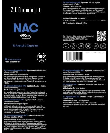 NAC N-Acetyl-Cysteine 600mg 180 Vegan Capsules | 6 Months Supply | High Bioavailability | No Fillers | N Acetyl Cysteine Amino Acid Supplement - Zenement - Buy Online on GoSupps.com