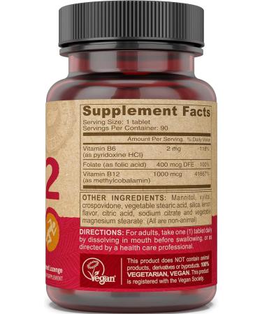 Deva Vegan Vitamin B12 Fast Dissolve Supplement - Once-Per-Day Complex with 1000 Mcg Methylcobalamin B12 Folic Acid B6 - Lemon Flavor - 90 Dissolvable Tablets 1-Pack - Buy Online on GoSupps.com