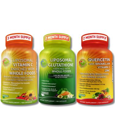Complete Plant-Based Antioxidant & Immune Support Bundle - Liposomal Vitamin C 1500mg + Liposomal Glutathione 500mg + Quercetin with Bromelain Zinc & Vitamin C Vegan Enhanced Absorption Formulas