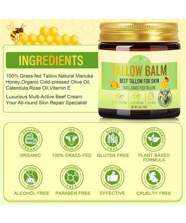 LAITYUM Beef Tallow for Skin -4oz Organic Tallow and Honey Balm for Face Moisturizer 100% Grass Fed Beef Tallow Cream Natural Whipped Tallow Balm Deeply Nourishment for Body Dry Cracked Sensitive Skin - Buy Online on GoSupps.com