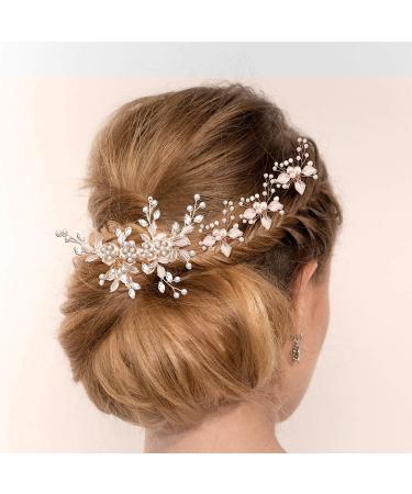 5 Pieces Bridal Rhinestone Hair Pins Wedding Hair Clips Bridal Hair Piece Light Rose Gold Flower Leaves with Artificial Pearl Hair Barrette for Wedding Hair Accessories (Light Rose Gold) - Buy Online on GoSupps.com
