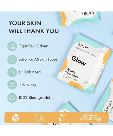 FOMIN Travel Deodorant Wipes - 50 Count - Glowing Coconut and Vanilla - pH Balanced Hypoallergenic Mini Deodorant Wipes For Women and Men - Plastic-Free Individually Wrapped Underarm & Body Wipes Glow - Coconut Vanilla - Buy Online on GoSupps.com