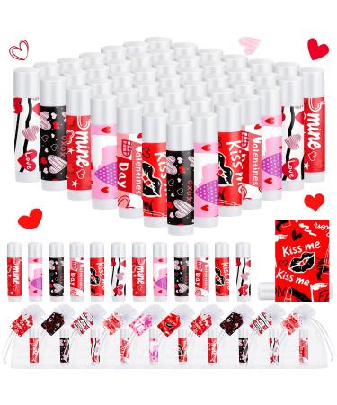 50 Set Valentines Party Favors Galentines Day Gifts Valentine Lip Balms Gloss Bulk for Women 6 Assorted Flavors Chapstick with Organza Bags and Cards for Wedding Bridal Shower Birthday 50valentine