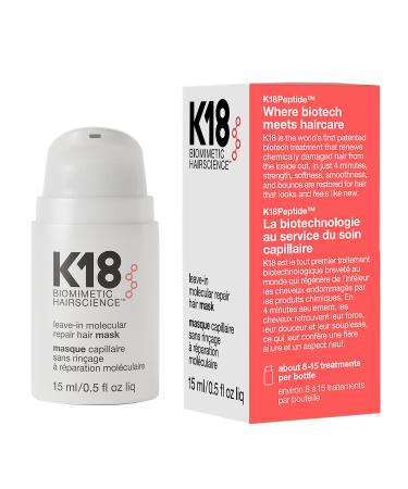 K18 Leave-In Repair Hair Mask Treatment to Repair Dry or Damaged Hair - 4 Minutes to Reverse Hair Damage from Bleach, Color, Chemical Services and Heat, 15 ml