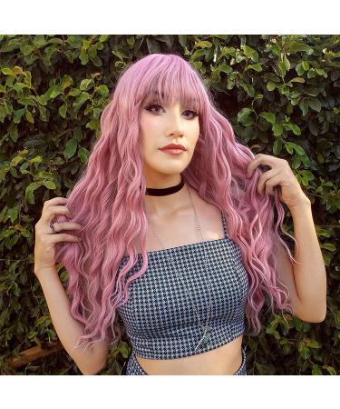YEESHEDO 28 Inch Long Pink Synthetic Wavy Wig with Fringe for Women - Ideal for Party, Cosplay, or Daily Wear - Buy Online on GoSupps.com