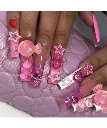 Long Press on Nails Square Acrylic Nails French Fake Nails Purple False Nails with 3D Decorations and Glitter Design Stick on Nails Gift for Girls