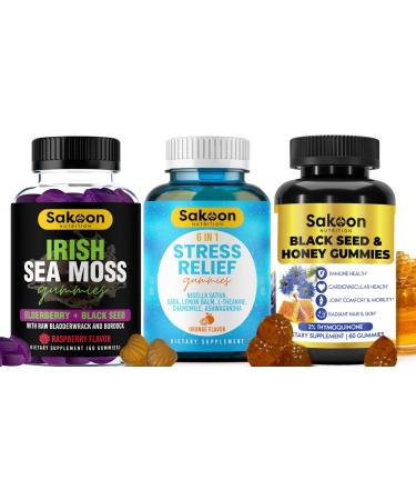 3-in-1 Superfood Gummies Bundle - Stress Relief Irish Sea Moss & Black Seed Oil - Immune Support Joint & Digestive Health Deep Sleep & Relaxation - 60ct Each