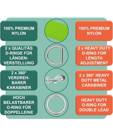 DEY Premium Dog Leash - 2m 3-Way Adjustable Nylon Leash for Small Medium & Large Dogs | Double Leash for Cats & Puppies | Many Colors Available | Retractable Lead - Green 2.5 x 200 cm - Buy Online on GoSupps.com