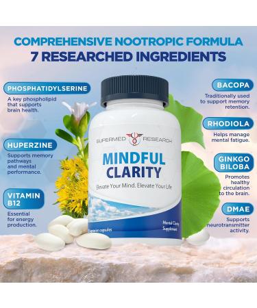 Supermed Research Mental Clarity & Focus Supplement with Bacopa Rhodiola Ginkgo Biloba Huperzine Vitamin B12 DMAE Vegan Nootropic Brain Supplement for Memory and Brain Health (120 Capsules) - Buy Online on GoSupps.com