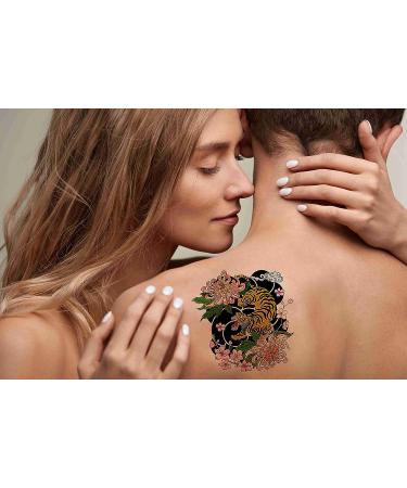 Japanese Tiger and Traditional Peony Temporary Tattoos - 6 Sheets, Fake Tattoos for Men and Women - Neck, Arm, Chest - 3.7 x 3.7 Inch - Buy Online on GoSupps.com