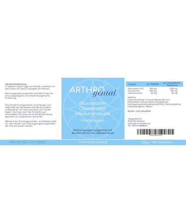 Buy ARTHRO genial - High Dose Glucosamine Chondroitin Hyaluronic Acid (180 Tablets 1500 mg) Without Magnesium Stearate - Premium Joint Support Supplement - International Shipping Available - Buy Online on GoSupps.com