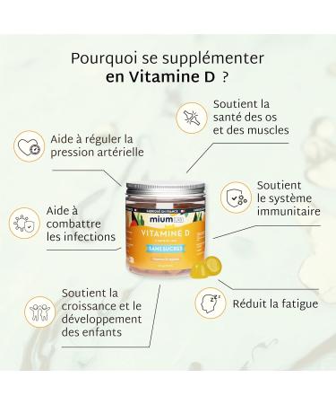 Mium Lab - Vitamin D3 (2000UI) - Highly dosed and absorbed - Immune System Supports bones muscles Growth - Children & Adults - Cure 21 days - Sugar-free gummies Made in France - Buy Online on GoSupps.com