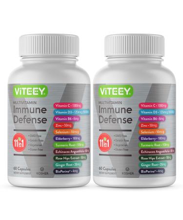 11 in 1 Immune Defense Support Supplement Booster with Vitamin C Vitamin D3 Vitamin B6 Zinc Elderberry Echinacea Turmeric Rose-Hips Selenium BioPerine Ginger For Adults 60 Capsules-2 Pack 60 Count (Pack of 2...