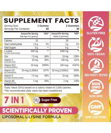 NATISLAND Liposomal L-Lysine Gummies 1000mg Lysine Supplement for Adults & Kids Chewable Lysine with Zinc for Lips & Oral Health Immune & Collagen Support Vegan Sugar Free Lemon Flavor 60 Count - Buy Online on GoSupps.com