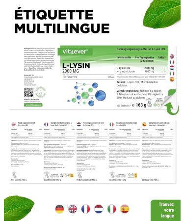 L-Lysine 2000-160 comprim s - 1000 mg par UN comprim - De fermentation v g tale - Sans additifs ind sirables - Fortement dos - Vegan 160 unit (Lot de 1) - Buy Online on GoSupps.com