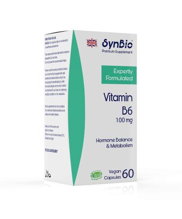SynBio Premium - Vitamin B6 100mg Capsules | Vegan | Pyridoxine | Supports Regulation of Hormonal Activity | Reduces Fatigue | Promotes Red Blood Cell Formation | Made in The UK