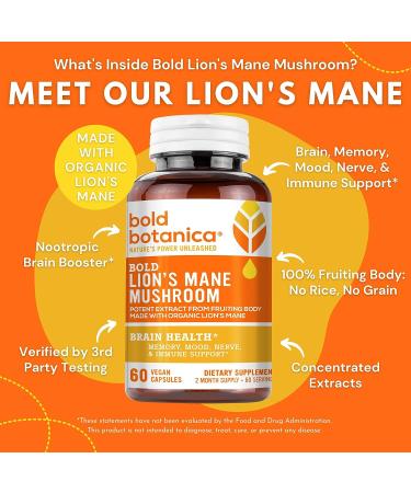 Bold Botanica Lion's Mane Mushroom Capsules - Organic Extract for Brain Health, Memory & Immune Support - 60 Vegan Capsules - Buy Online on GoSupps.com