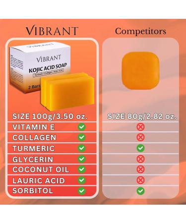 VIBRANT Kojic Acid Soap Bars - Vitamin E Turmeric Collagen & Coconut Oil - Korean Brightening & Anti-Aging Soap for Moisturizing & Skin Lightening (2 x 100g - Buy Online on GoSupps.com