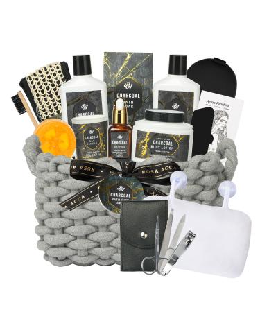 Gift Set for Men & Women, 15pcs Spa Basket Set Bamboo Charcoal Scented includes Body Wash, Bubble Bath, Bath Soak, Manicure Set, Gifts for Daddy, Birthday Gifts for men, Home Spa Kit Gift for him Bamboo Charcoal 15pcs