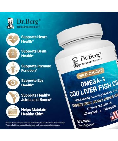 Dr. Berg Omega 3 Cod Liver Fish Oil 1250 mg from Wild Caught Cod for Women & Men EPA DHA atty Acid Supplement 60 Softgels - Buy Online on GoSupps.com