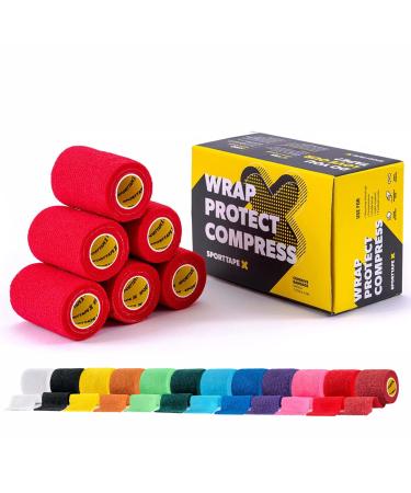 6 Rolls SPORTTAPE Self-Adhesive Football Sock Tape | 7.5cm x 4.5m - Red | Cohesive Bandage - Pet & Vet Wrap for Dogs & Horses | Compression Bandage Shin Pad Tape Football Ankle Tape Red 7.5x450 cm (Pack of 6)