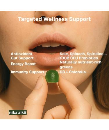 nika aiko Greens Superfood Gummies, Boost Energy, Gut & Immune Support, Sugar-Free, Vegan with Broccoli, Spinach, Kale, Spirulina, Chlorella, Probiotics & Multivitamin, Apple Flavor, 60 Count - Buy Online on GoSupps.com