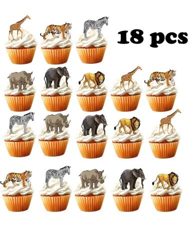 18pcs Safari Cupcake Toppers for Boys Girls Jungle Animal Safari Birthday Theme Paty Decorations Supplies Wild One Giraffe Tiger Lion Elephant Cake Decorations - Buy Online on GoSupps.com