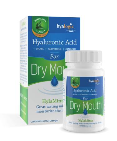 Hyalogic HyaMints Breath Mints for Dry Mouth- Sugar Free Mint Flavor Natural Breath Freshener w/ Hyaluronic Acid, Cranberry Extract, Xylitol, Slippery Elm, Orange Pectin (60 Count)