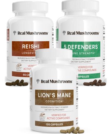 Real Mushrooms Lions Mane (120ct) Reishi (90ct) 5 Defenders (90ct) Capsules Bundle - Mushroom Supplement for Cognition Longevity Relaxation & Immune Strength - Vegan Non-GMO