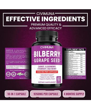 CIVIMUNA Bilberry Capsules 9260mg - 2 Packs - Bilberry, Grape Seed, Carrot, Elderberry - 4 Months Supply - Buy Online on GoSupps.com