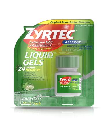 Zyrtec 24 HR Indoor/Outdoor Allergy Relief Liquid Gels Capsules Cetirizine HCI Antihistamine 25 ct