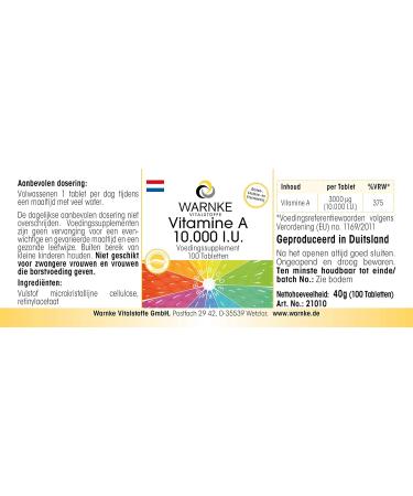 Vegan Vitamin A 10000 I.U. Supplement - 100 Tablets by Warnke Vitalstoffe - Buy Online on GoSupps.com