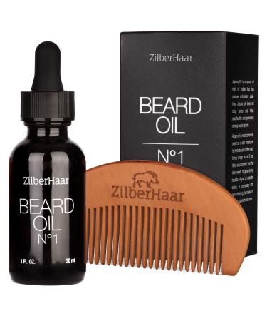 ZilberHaar - Beard Oil N 1 + Beard Comb - Pure Organic Moroccan Jojoba Oil and Argan Oil - Natural Ingredients Fragrance Free Cruelty Free - For Natural Beard Growth and Hydration - 1 oz