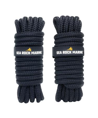 Sea Rock Marine Double Braided Nylon Dock Lines (2 or 4 Pack) |15' 25' or 30' with 12 Eyelet & Dock Line Ties | Dock Lines for Boats Marine Rope Boat Accessories Black - 2 Pack 15' x 3/8"