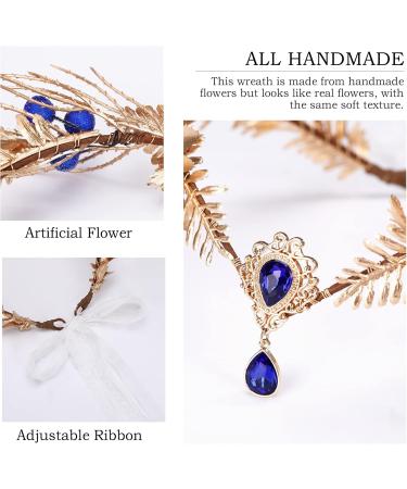 MOSTORY Fairy Gold Leaf Crown Goddess Headpiece Elf Woodland Headband Blue Crystal Pendant Circlet Tiara for Women Reneaissance Halloween Hair Accessories Princess Cosplay Costumes - Buy Online on GoSupps.com