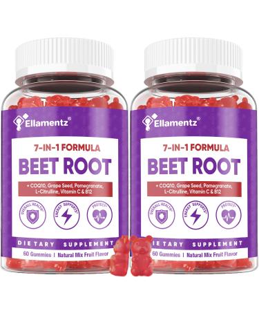 ELLAMENTZ Beet Root Gummies 600mg with CoQ10 L-Citrulline Grape Seed & Pomegranate - 7 in 1 Nitric Oxide Booster Gummies for Circulation Energy & Endurance Vegan 120 Counts