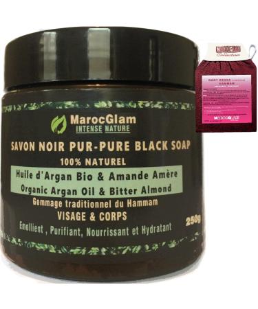 Black Hammam Soap with Organic Argan Oil and Bitter Almonds 250 g + Kessa Scrub Glove. Body and Face Black Soap Scrub Purifying Moisturizing and Nourishing