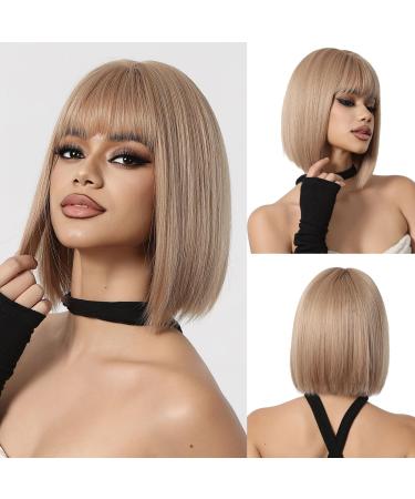 OUFEI Ombre Blonde Bob Wig With Bangs Short Straight Wig For Women Synthetic Hair Wigs for Daily Party Cosplay Wear Blonde(1124-1)