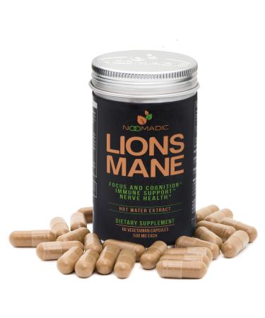 Lion's Mane Mushroom 60 Capsules | 500mg Each Nerve Growth Factor (NGF) & Nootropic (Focus Memory BDNF) Hot Water Extract Wood Grown Fruiting Bodies 30% Beta-D-Glucans