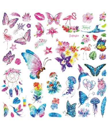 Eploger Glitter Butterfly Flowers Temporary Tattoo for Girls and Women Party Favors Decorations for Kids Birthday Party Supplies Fairy Decor butterfly  flowers